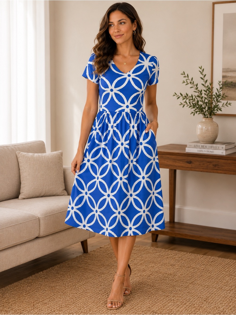 Global Mamas organic cotton Short-Sleeve Dress with White Geometric Print